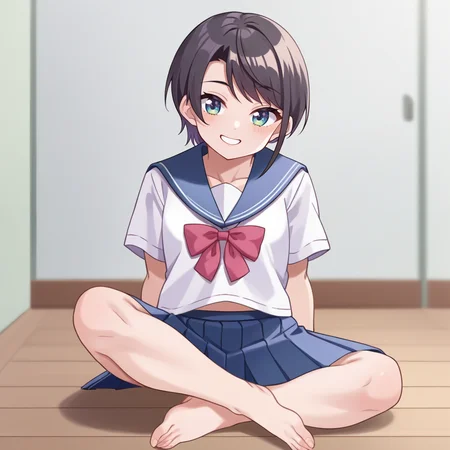 score_9, score_6_up BREAK source_anime, 1girl, solo, wooden floor, subaru_school, serafuku, pleated skirt, sitting, crossed legs, smile <lora:shubashubaXL-05:1>