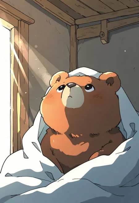 (masterpiece, best quality, high quality, highres), very awa, highres, absurdres,
chii-kun \(seedyoulater\), naguru \(cyoroama\), 
(bear:1.2), (no humans:1.1), (cute:1.2), comfy, solo, 
hiding under the blanket, looking up, 
cosy room, day, sunlight, sun rays,