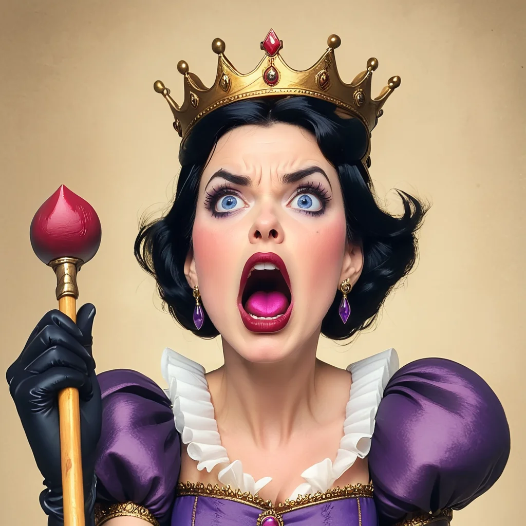 <lora:Wonderland:1>   ArsMJStyle, Wonderland, The image shows a woman wearing a purple dress and a crown on her head holding a stick in her hand. She has a determined expression on her face suggesting she is ready to take on any challenge., 1girl, solo, crown, jewelry, earrings, black hair, gloves, blue eyes, open mouth, scepter, lipstick, makeup, puffy sleeves, blush, princess