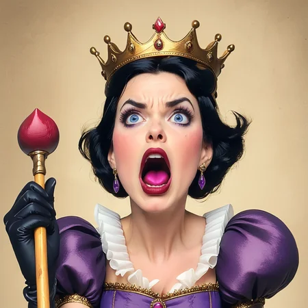 <lora:Wonderland:1> ArsMJStyle, Wonderland, The image shows a woman wearing a purple dress and a crown on her head holding a stick in her hand. She has a determined expression on her face suggesting she is ready to take on any challenge., 1girl, solo, crown, jewelry, earrings, black hair, gloves, blue eyes, open mouth, scepter, lipstick, makeup, puffy sleeves, blush, princess