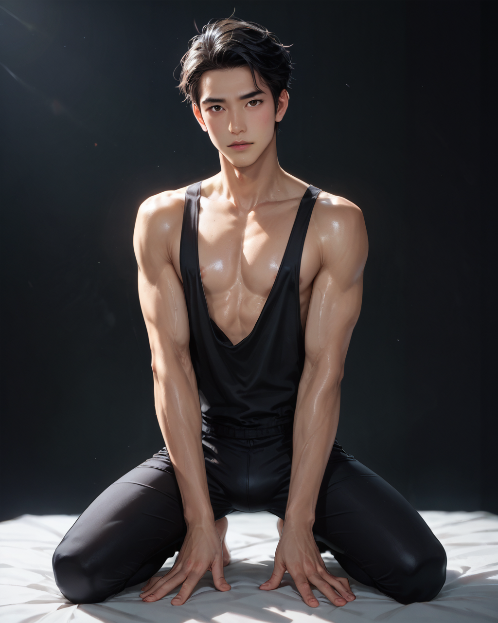 score_9, score_8_up, score_7_up, score_6_up, score_5_up, score_4_up, rating_questionable, 
<lora:KC-1:0.5>, dramatic lighting, glistening skin,
intricately detailed, photo studio with black backdrop, black background,
1boy(human, glistening skin, handsome, sexy, seductive, posing, looking at the viewer, friendly expression, kneeling,
asian, black hair, 
twink, slender, 
tight posing slip),
depth of field, 
<lora:xl_more_art-full_v1:0.4>,
<lora:add-detail-xl:0.4>