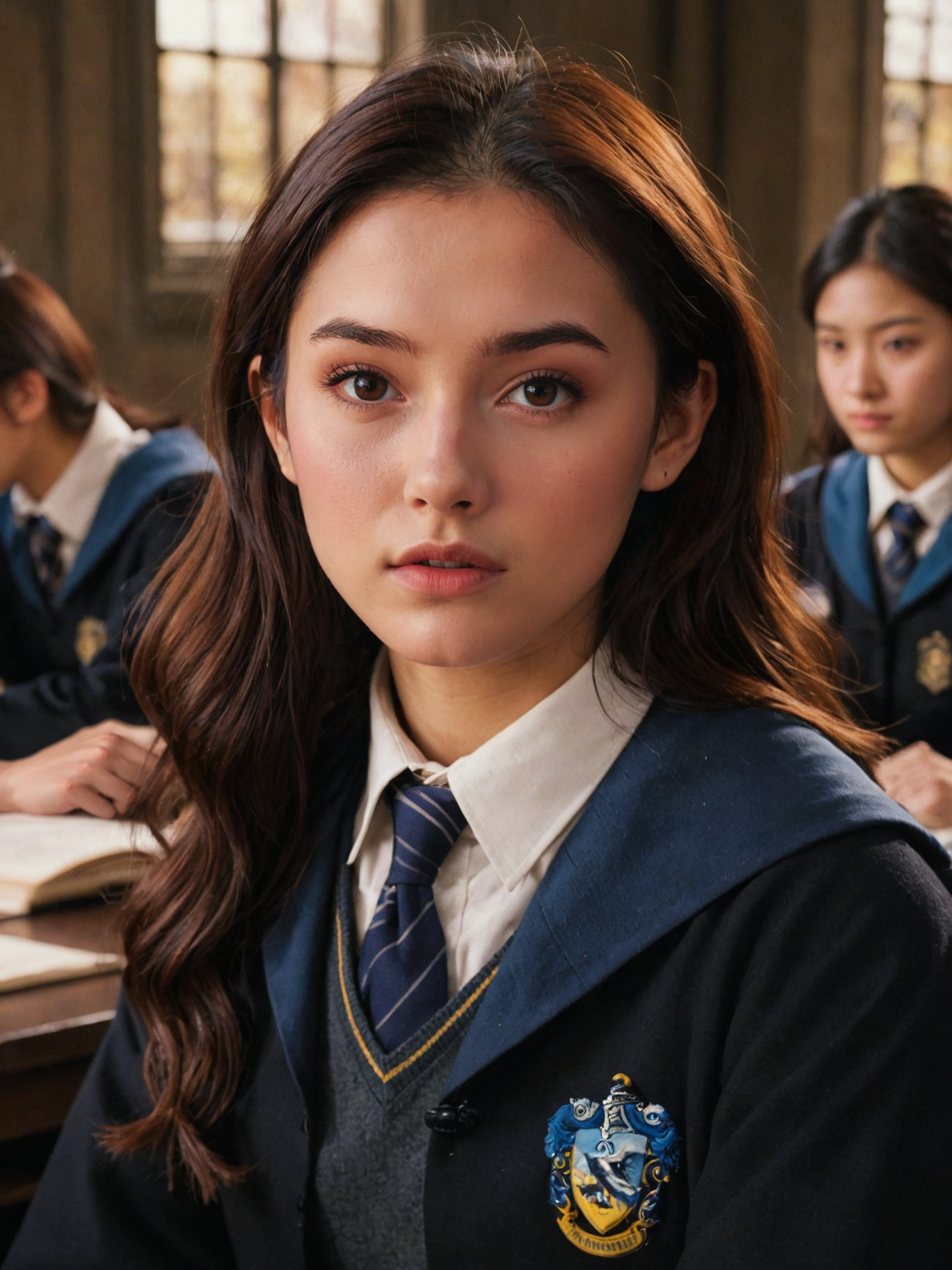 Film film still,close-up,photo of an 18-year-old Japanese girl with fair and tender skin in a university class, ravenclaw uniform, fictional scenery,(intense sunlight:1.4),realistic details,contemplative emotions,ue5,detailed character expressions,light amber and red,amazing quality,wallpaper,simulated film particles,
eye contact,looking at the camera, <lora:harry_potter_v1:1>