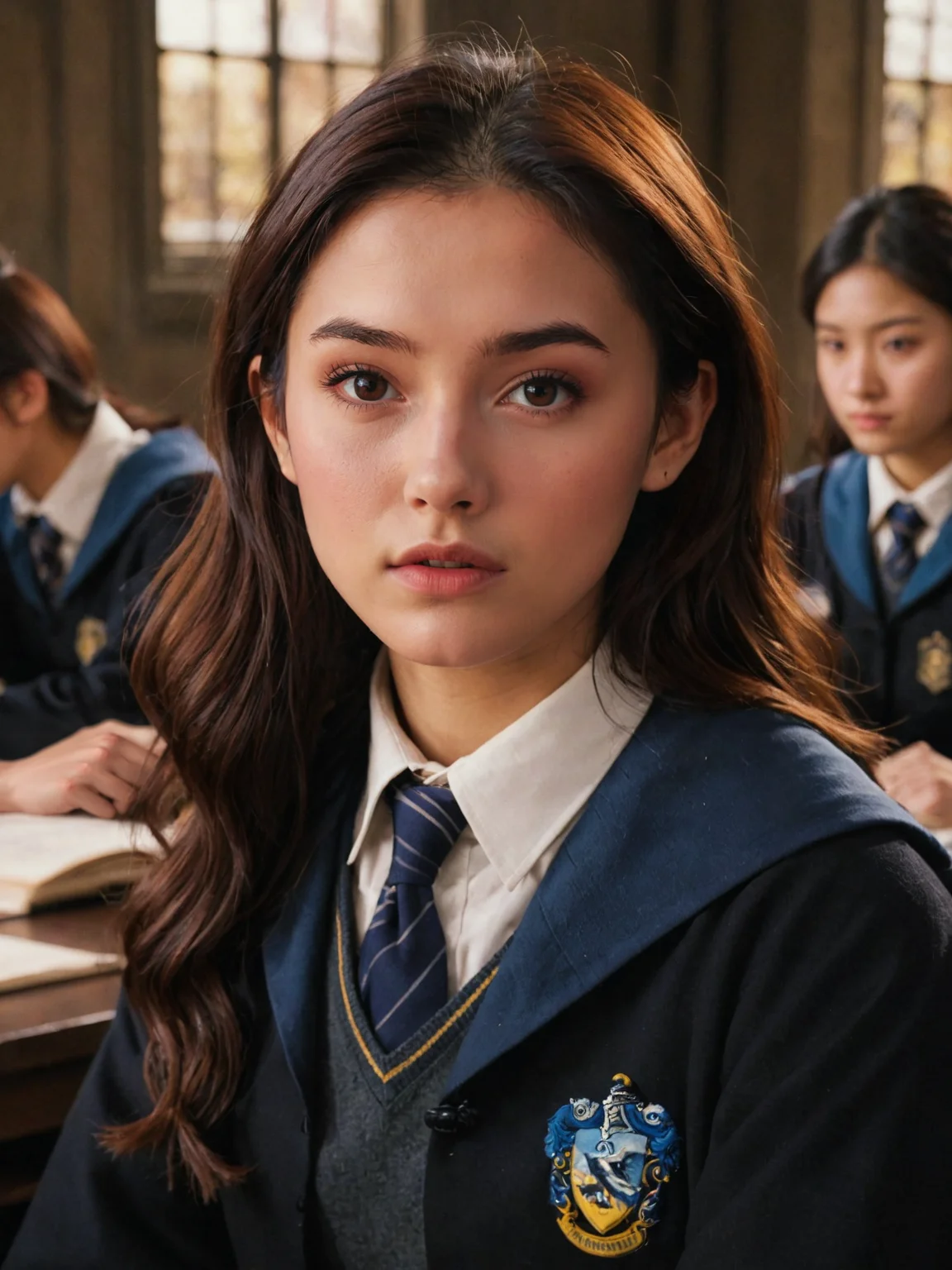 Film film still,close-up,photo of an 18-year-old Japanese girl with fair and tender skin in a university class, ravenclaw uniform, fictional scenery,(intense sunlight:1.4),realistic details,contemplative emotions,ue5,detailed character expressions,light amber and red,amazing quality,wallpaper,simulated film particles,
eye contact,looking at the camera, <lora:harry_potter_v1:1>