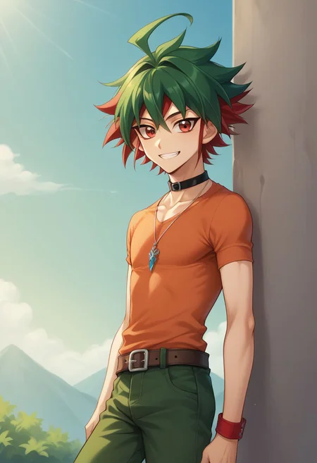 score_9, score_8_up, score_7_up, source_anime, highly detailed,
yuya, 1boy, slender, skinny, male focus, red hair, solo, ahoge, green pants, green hair, bangs, dyed bangs, pants, red eyes, choker, shirt, multicolored hair, smile, grin, short sleeves, orange shirt, looking at viewer, pendant, jewelry, spiked hair, belt,
outdoor, sky, upper body, slender, skinny