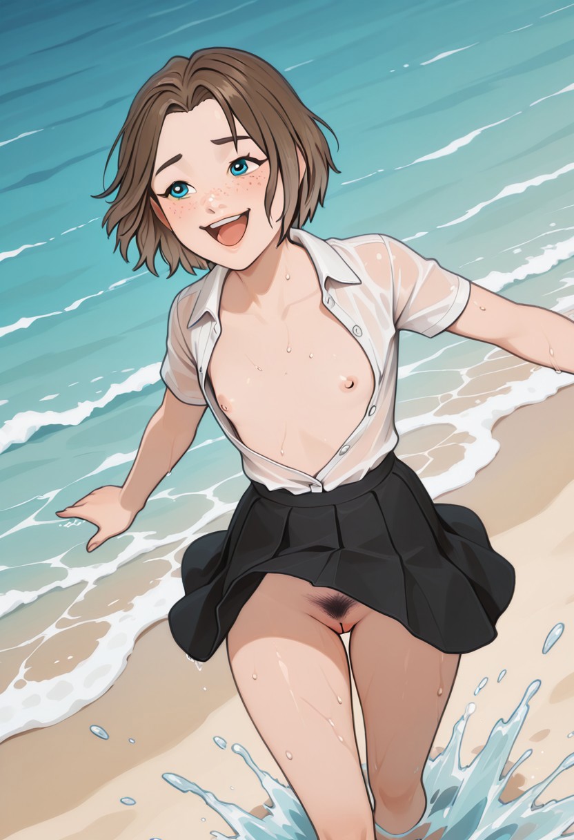 masterpiece, best quality, newest, absurdres, highres, detailed eyes, beautiful, detailed background, perfect eyes,finely detailed face,
anime coloring, anime screencap,pamistyle,
1girl,solo,RobynSpade,short hair,brown hair, freckles,
blue eyes,
white shirt, black skirt,
open shirt, small breast, small areolas, small nipples,
pantyless,(hairy pussy,black pubic hair:1.2),
playing in ocean, from bellow, water splashing, laughing, wet clothing, sexy, dynamic pose,
beach,ocean,
from above,