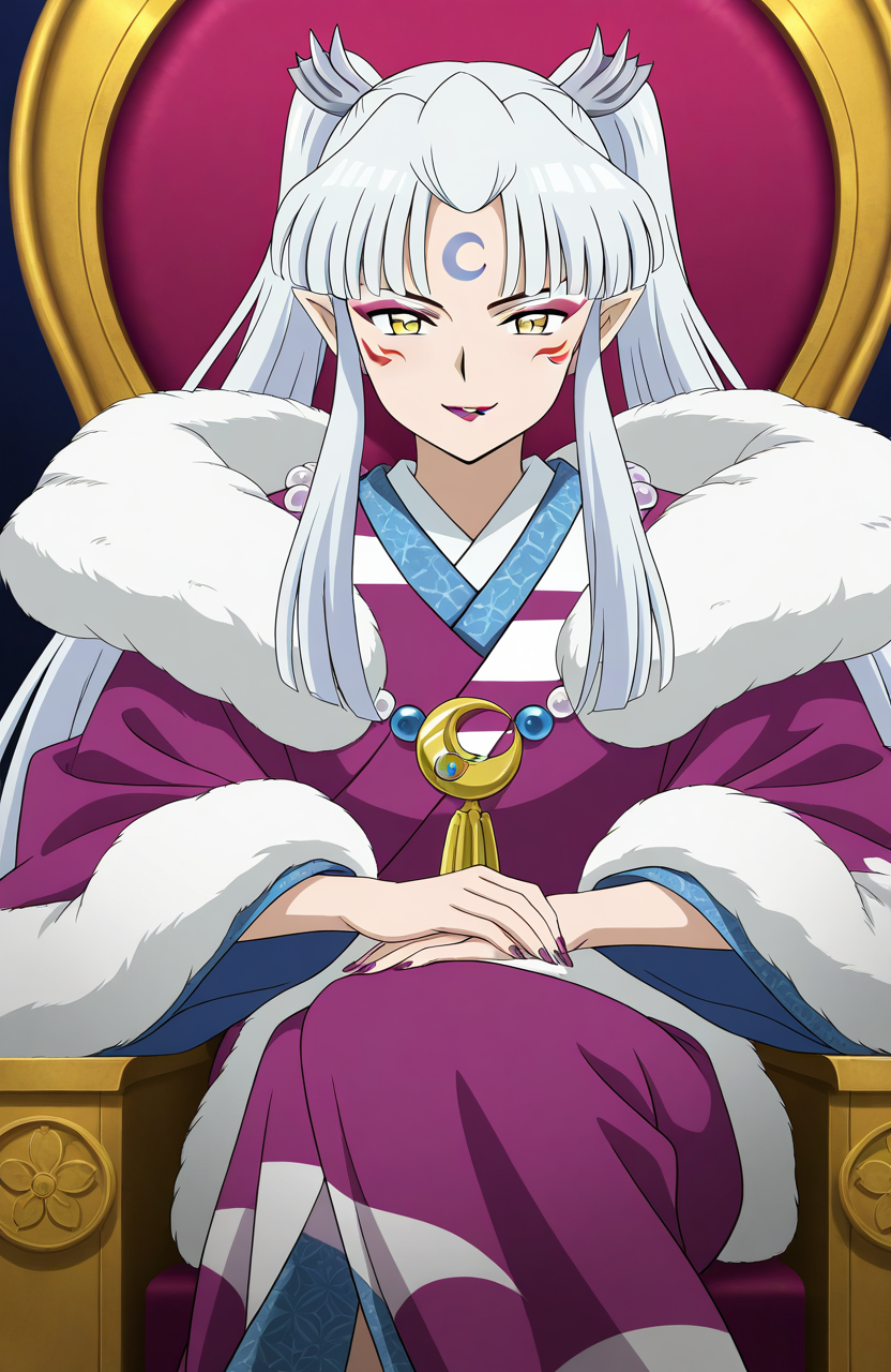 general,highres, ultra-detailed,very aesthetic,best quality ,best hands,  BREAK  <lora:Sesshomaru_no_Haha_IS:1>
Sesshomaru_no_Haha,pointy ears, japanese clothes, 1girl,solo, facial mark, kimono, white hair, long hair, 
yellow eyes, makeup, lipstick, forehead mark, crescent, necklace, fur, jewelry, purple lips, ponytail, twintails, fur trim, anime coloring, hair ornament, wide sleeves,
throne, throne, sitting,fearless smile,