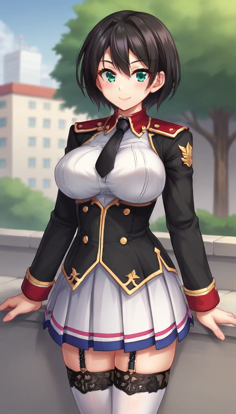 score_9,score_8_up,masterpiece,best quality,correct anatomy,anime_source,1girl,solo,perfect eyes,perfect arms,perfect legs,perfect face,outdoors,upper body,(portrait:1.5),looking at viewer,facing viewer,smile,blush,Azusa Riskross,black hair,short hair,hair intakes,bangs,aqua eyes,military uniform,black necktie,black jacket,cropped jacket,white shirt,black corset,long sleeves,large breasts,miniskirt,white skirt,pleated skirt,zettai ryouiki,garter straps,white thighhighs,lace-trimmed legwear,sneakers,black footwear,<lora:Azusa Riskross(uq)-Pony:1.2>,