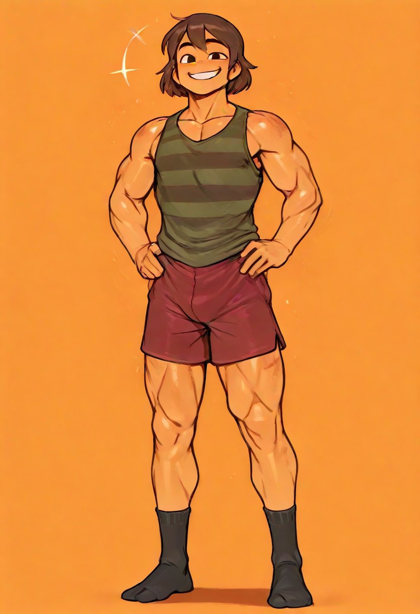 score_9, score_8_up, score_7_up, masterpiece, best quality, vermis, lora:doppel:1> d0pp3l, 1boy, solo, Frisky_Underhertail, cowboy shot, brown hair, colored skin, yellow skin, ass, thighs, strong legs, legs, defined chest, strong arms, hands on hips, light smile, closed mouth, mouth closed, socks, black socks, striped socks, green striped tank top, grin, full body, sweaty body, skinny body, toned body, solid body, body marked by clothing, light muscles, marked muscles, standing, sideways, dark red boxer shorts, red, crotch, green tank top, tank top, body-hugging clothing, black eyes, looking at the viewer, background, orange salamander color, simple background, dark orange floor, solid shadows