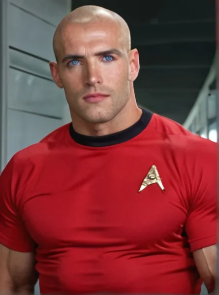 1boy, 20 year old male, Handsome, masculine, blonde, star trek, red shirt, muscle, tall, tight shirt, wide pectorals, big shoulders, wide shoulders, muscular neck, German, bald, big pale blue eyes, abs, biceps,
stunf, star trek uniform,