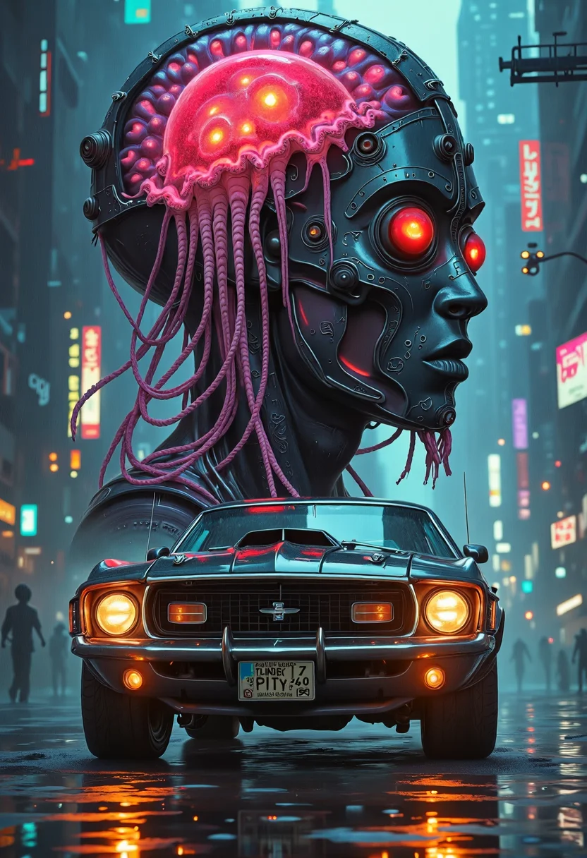 yfg-sm0rg, retro dark vintage Sci-Fi : : 2D matte dark gouache illustration : : dark ancient cerebral jellyfish guardian : : 4k symmetrical portrait : : style of Beksinski muscle car, city lights, night rain washed streets, reflections