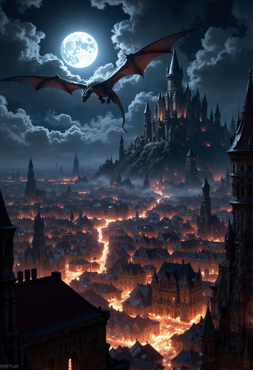 A vast medieval fantasy city set against a dark, starlit night sky, with a radiant full moon casting an ethereal glow across the landscape. The moonlight creates shimmering glares on rooftops and streets, enhancing the sense of mystery. Perched on a hill overlooking the city, an ominous castle with towering fortresses looms, its shadow casting an eerie presence. Above the city, a colossal dragon soars, wings spread wide, its scales reflecting the moonlight. The dragon breathes torrents of fire onto the city below, where flames rage uncontrollably, engulfing buildings and even reaching the castle. Chaos unfolds as the city is consumed by fire, with embers swirling into the night sky, creating a dramatic, apocalyptic scene
<lora:FredFraiStyle-FLUX-Share:0.5> <lora:FluxMythP0rtr4itStyle:0.7> <lora:dark_fantasy_flux:0.9>