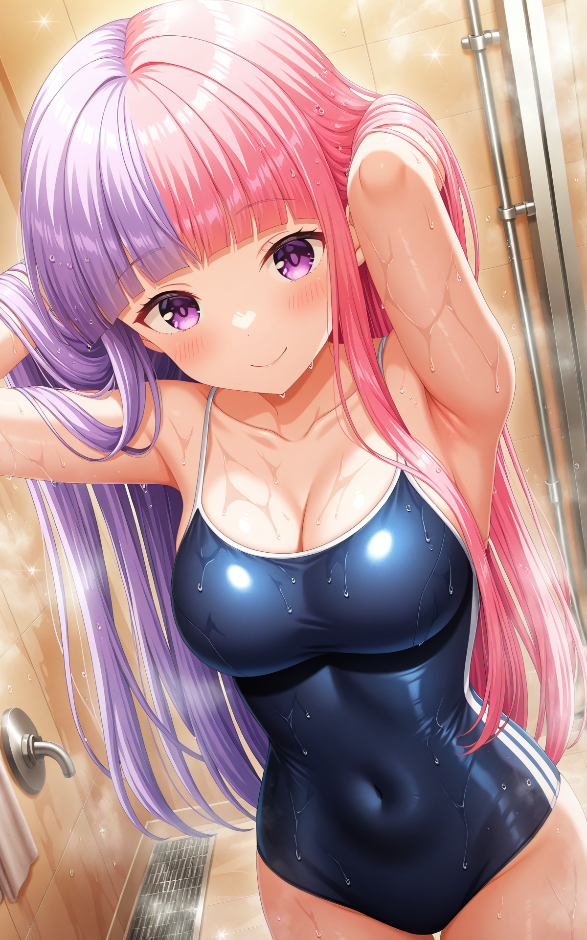 masterpiece, best quality, good quality, newest,4k, perfect lighting, cinematic, very aesthetic, official art, anime screencap, anime coloring,
1girl,solo,hina nigaki,multicolored hair,two-tone hair,split-color hair,purple hair,pink hair,blunt bangs, purple eyes, wet,
competition school swimsuit,medium breasts,cleavage,covered navel,shower,water,
looking at viewer,smile,blush,hands in hair,arms behind head,adjusting hair,from above,dutch angle,BREAK
 <lora:ILhina:0.9>