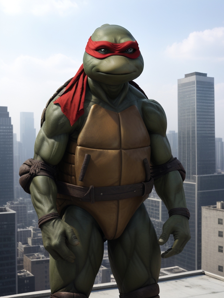full body shot, TMNTRaphael, a teenage mutant ninja turtle, wearing red bandana mask with eye-holes, standing on a city rooftop during the day, skyscrapers and rooftops and day sky in the background, <lora:TMNT_Turtles_AIO_SDXL-000009:1>