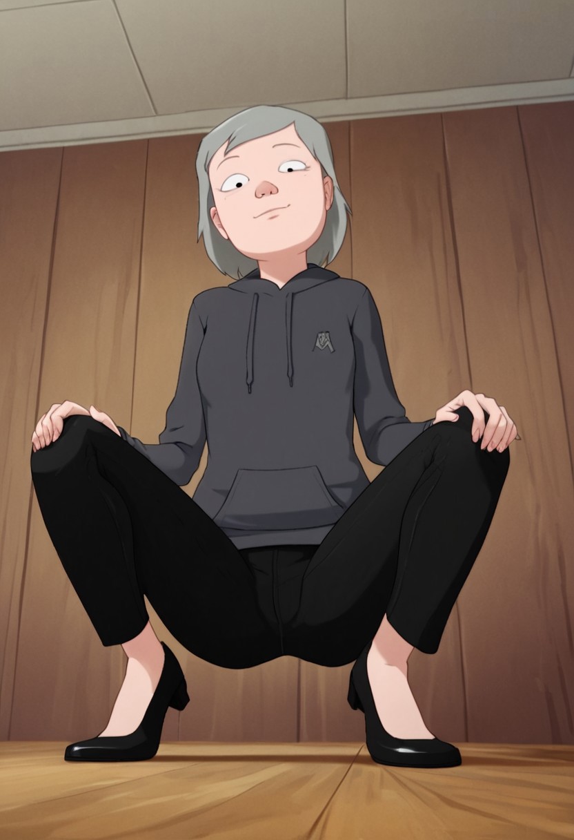 leslie_hoodie, 1girl, gilf, wrinkles, short grey hair, small black eyes, brown sweater, black pants, black ballerina, hood off, score_9_up, score_8_up, score_7_up, BREAK, 1girl, solo, from below, head tilt, horny, squatting, spreading legs, looking at viewer, ultra detailed, detailed background, office, masterpiece, best quality, 8k, Expressiveh,