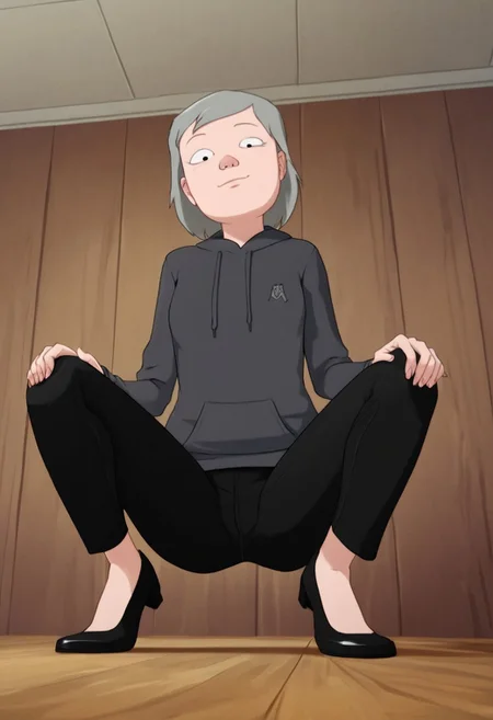 leslie_hoodie, 1girl, gilf, wrinkles, short grey hair, small black eyes, brown sweater, black pants, black ballerina, hood off, score_9_up, score_8_up, score_7_up, BREAK, 1girl, solo, from below, head tilt, horny, squatting, spreading legs, looking at viewer, ultra detailed, detailed background, office, masterpiece, best quality, 8k, Expressiveh,