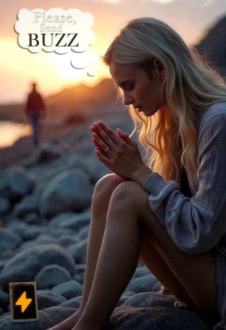 Hyperrealistic art a woman sitting on a rock praying with a picture of a BUZZ in the background on the rocks at sunset, Dennis Ashbaugh, centered, a stock photo, mannerism. Cinematic photography, movie mood, cinematic light, compelling composition, storytelling elements, conveys emotion, mood, and narrative depth, creating visually striking images that feel like still frames from a film. <lora:add-detail-xl:.5> <lora:Flux-style-xl-lora:.5>