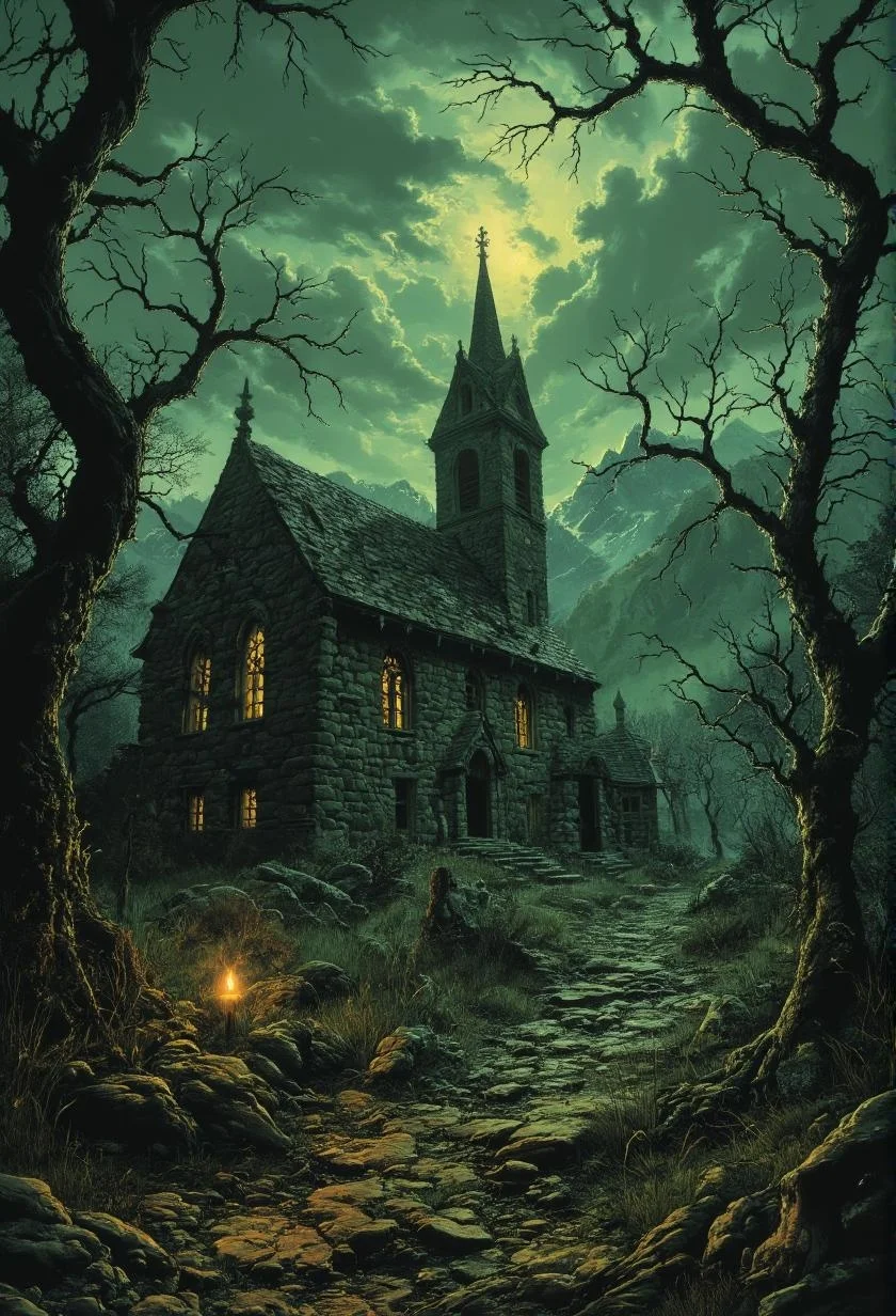 <lora:Spooky_Horror.safetensors:1> In this haunting and demonic scene, a twisted visage looms The air is heavy with tension as candlelight dances across the darkened space, casting sinister shadows that seem to pulse with an otherworldly energy.
In the heart of a desolate landscape, a neglected stone path winds through overgrown, withered meadows, leading to a crumbling, ancient church. The once-towering spire stands broken and eroded, silhouetted against the somber, leaden sky. Muted, dark greens and browns blend into a tapestry of decay, the soft pastels long faded by the relentless passage of time. Thick ivy and wild, unkempt grasses have overtaken the path, their tendrils snaking over the cracked stones, creating a lattice of despair. The mountains in the distance, once majestic and proud, now loom in oppressive silence, their peaks shrouded in a perpetual haze.
The air is heavy with the scent of damp earth and decaying leaves, and the sounds of nature are muted, as if the very earth holds its breath in sorrow. The vintage grain of the scene adds a layer of haunting nostalgia, a reminder of what once was and can never be again. This high-quality print, though beautiful, is a stark visual representation of enduring sadness and despair, a poignant reminder of the transient nature of beauty and the inevitability of decay.