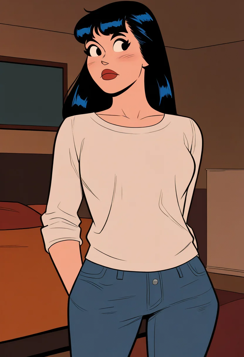 masterpiece, best quality, very aesthetic, absurdres,
1girl, veronica, black hair, long hair, black eyes,
closed mouth, red lips,
white shirt, jeans, standing, looking at viewer, solo, indoors, bedroom background <lora:VeronicaNoobXL_byKonan:1>