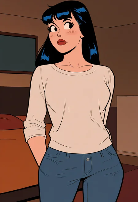 masterpiece, best quality, very aesthetic, absurdres,
1girl, veronica, black hair, long hair, black eyes,
closed mouth, red lips,
white shirt, jeans, standing, looking at viewer, solo, indoors, bedroom background  <lora:VeronicaNoobXL_byKonan:1>