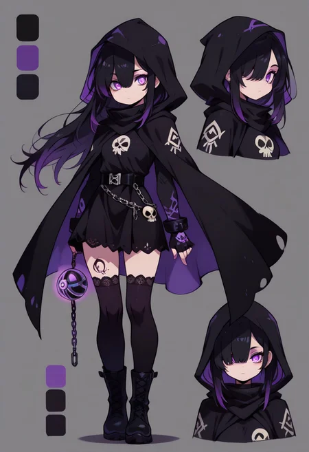 high resolution,
cute girl,
CharacterDesignIllustrious, reference sheet, abstract background, color guide, (multiple views), (full body), dynamic pose,
,,,
mutlicolored hair, black hair with purple ends,
long hair, bangs, long bangs, hair over eye, straight loose hair,
black hood over head,
glowing purple eyes,
small, short, petite, slim body, small breasts, round breasts,
long loosed black cloak, short black dress under cloak, skull on shirt, frayed cloak,
cloak open, cloak closed,
covered in tattoos, tattoo sleeves,
black fingerless gloves, black belt, marsterballs on belt, black lace knee high socks,
(floating hair, wind), purple poison splash background,
Chain around waist,
Black lace boots,
ethereal look, focused look, looking at viewer,
holding masterball, hands by side,
glowing effects around character,
zoom in on eyes,