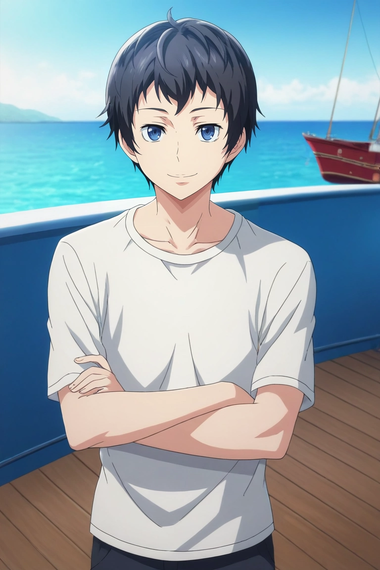 score_9, score_8_up, score_7_up, , rating_safe, intricate details, semi-realistic, looking at viewer, depth of field, 1boy, solo, male focus, <lora:tomoki_sakai_pony:0.82>, tomoki_sakai, black hair, blue eyes, short hair, cowboy shot, boat, ship, noon, arms under breasts, seductive smile, ,, <lora:sdxl_lightning_8step_lora:1>