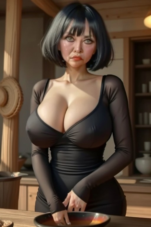 Voluptuous, attractive 80 year old granny, black bowl-cut, angry, bending forward towards viewer, big breasts, tight top, outside