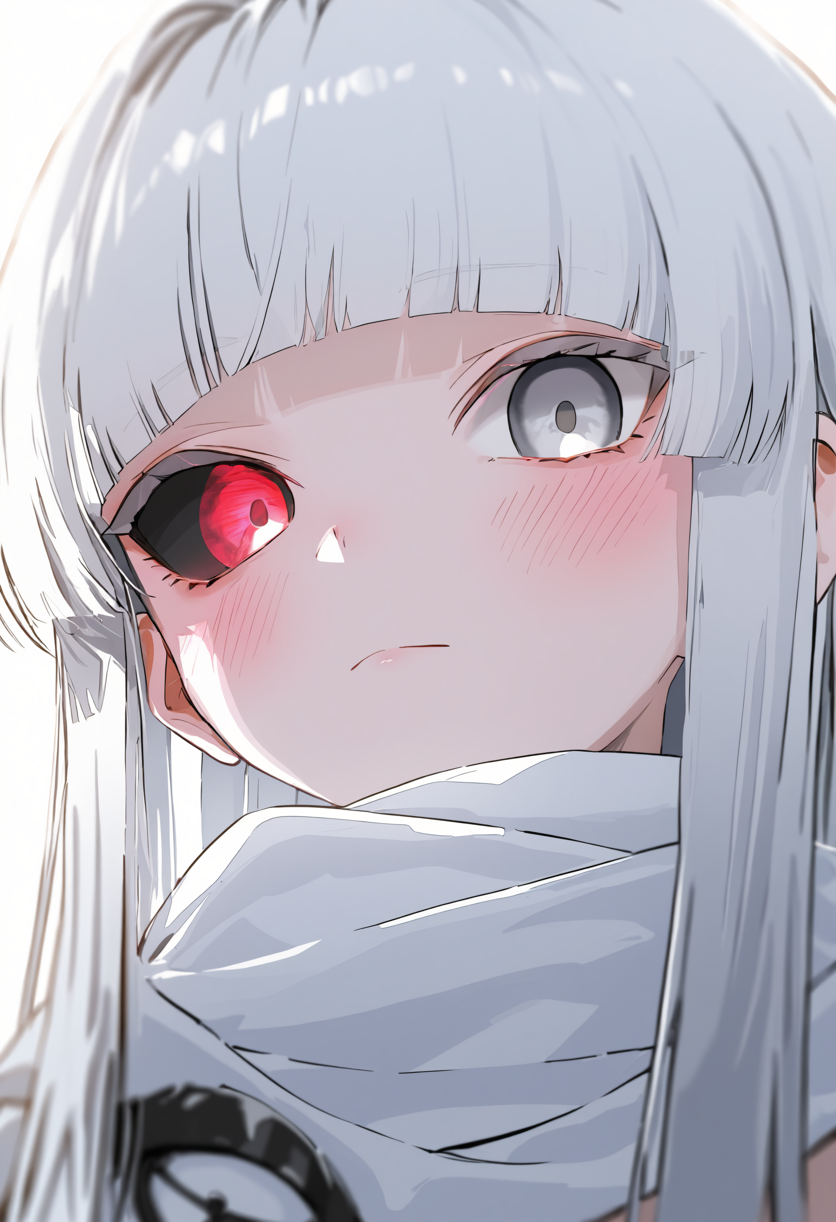 ambient occlusion, depth of field, anime screencap, 1girl, solo, black sclera, colored sclera, blush, heterochromia, red eyes, grey eyes, mismatched sclera, looking at viewer, scarf, closed mouth, unworn mask, white hair, blunt bangs, white scarf, glowing eye, grey hair, long hair