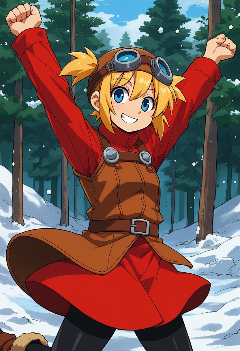 score_9, score_7_up, source_anime, BREAK solo, Pratty, blue eyes, short hair, light blonde, short twintails, hair through headwear, goggles, brown headwear, red shirt, short over long sleeves, black long sleeves, red skirt, black pantyhose, leather breastplate, brown footwear, smile, cold forest, taiga, snow, stretching, flashing smile,
