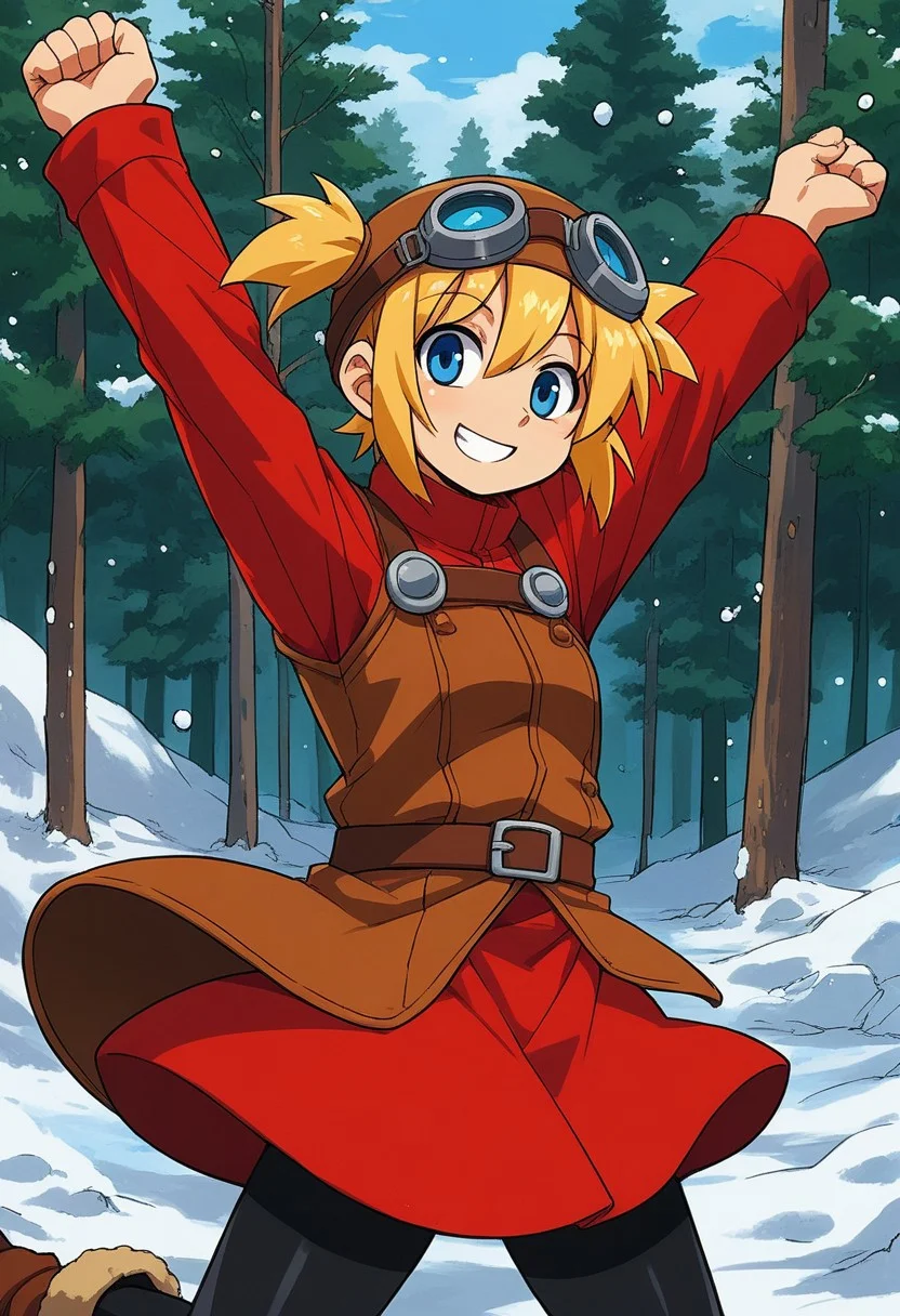 score_9, score_7_up, source_anime, BREAK solo, Pratty, blue eyes, short hair, light blonde, short twintails, hair through headwear, goggles, brown headwear, red shirt, short over long sleeves, black long sleeves, red skirt, black pantyhose, leather breastplate, brown footwear, smile, cold forest, taiga, snow, stretching, flashing smile,