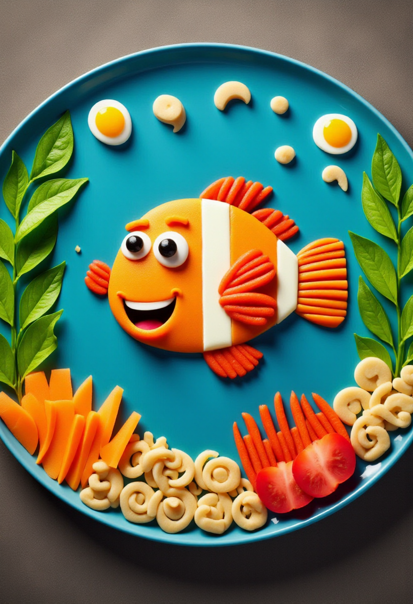 <lora:Food_Formations_FLUX-000016:1.0>
This is a photograph showcasing a meticulously arranged plate of food art, designed to resemble Nemo and a coral reef.