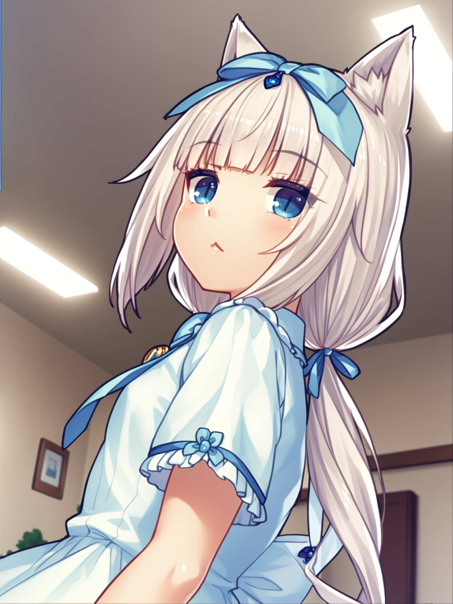 <lora:happy_tentacle-vanilla-v0.1-000010:1>, ht_vanilla, dress shirt, frills, bowtie, hair ribbon, brooch, blue ribbon, blue bow, neck bell, living room , 1girl, solo, portrait , , doyagao , , looking at viewer , , from below , score_9, score_8_up, score_7_up, score_6_up, score_5_up, score_4_up