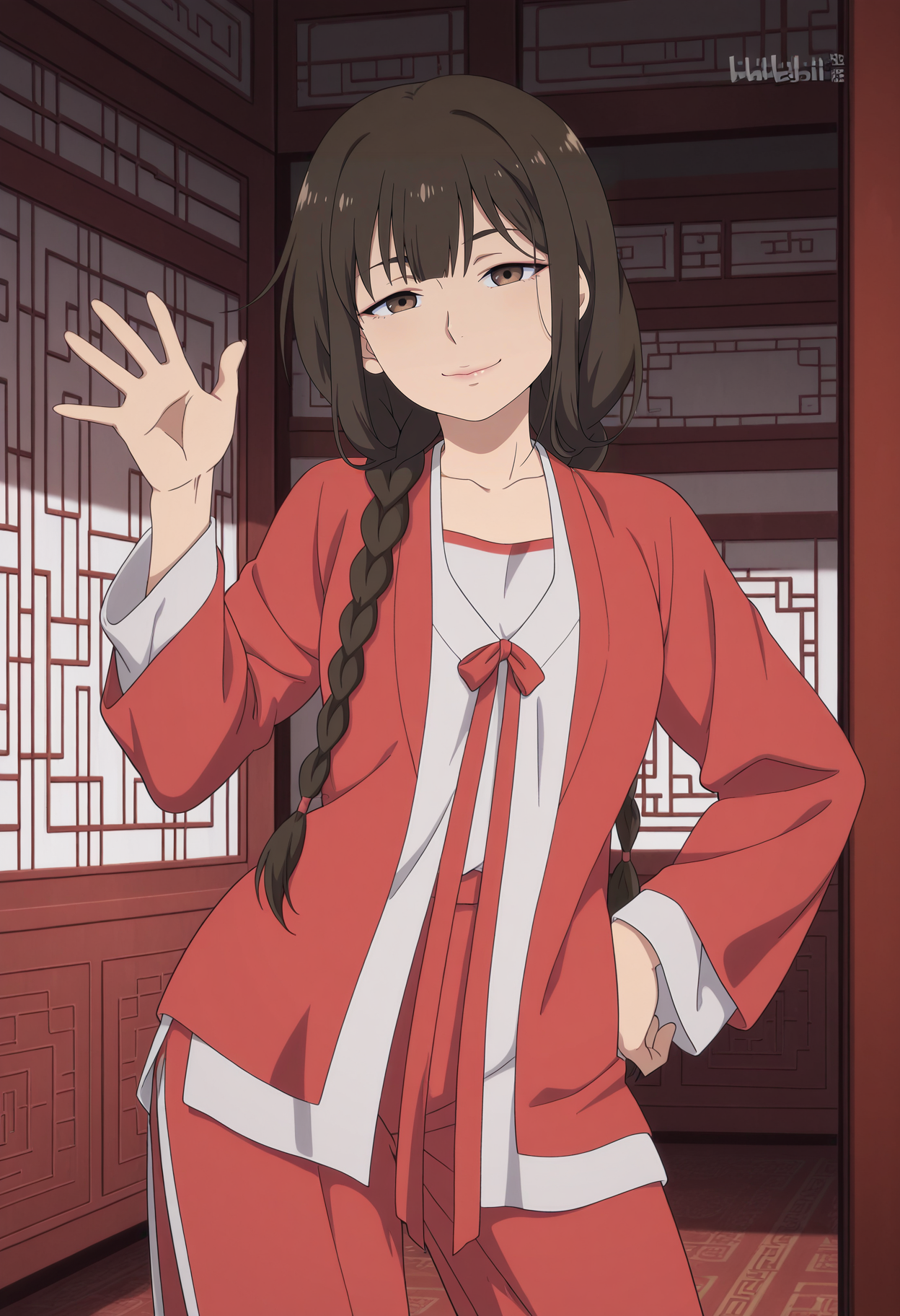 1girl,solo,mm,mature female,long hair,brown hair,brown eyes,bangs,braid,twin braids,anime coloring,
chinese clothes,hanfu,red jacket,red pants,cowboy shot, contrapposto, hand on own hip, waving, looking at viewer, indoors,smile
,masterpiece,best quality,amazing quality,<lora:Taoyao-Fairies_Album:0.8>