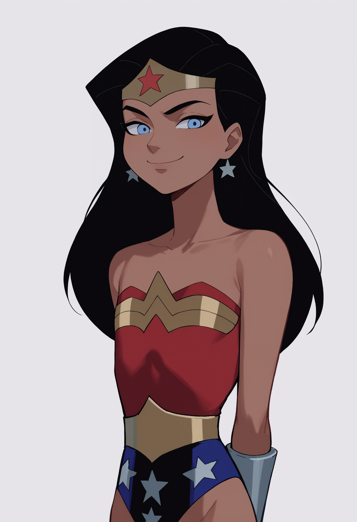 score_9, score_8_up, score_7_up, score_6_up, score_5_up, score_4_up, BREAK, source_anime,
1girl, wonderwoman, black hair, long hair, blue eyes, dark skin, tiara, bare shoulders, earrings, flat chest, jewelry, leotard,
hands behind back, smile, upper body, looking at viewer, solo, simple background, white background   <lora:WonderWomanKidsXL:1>