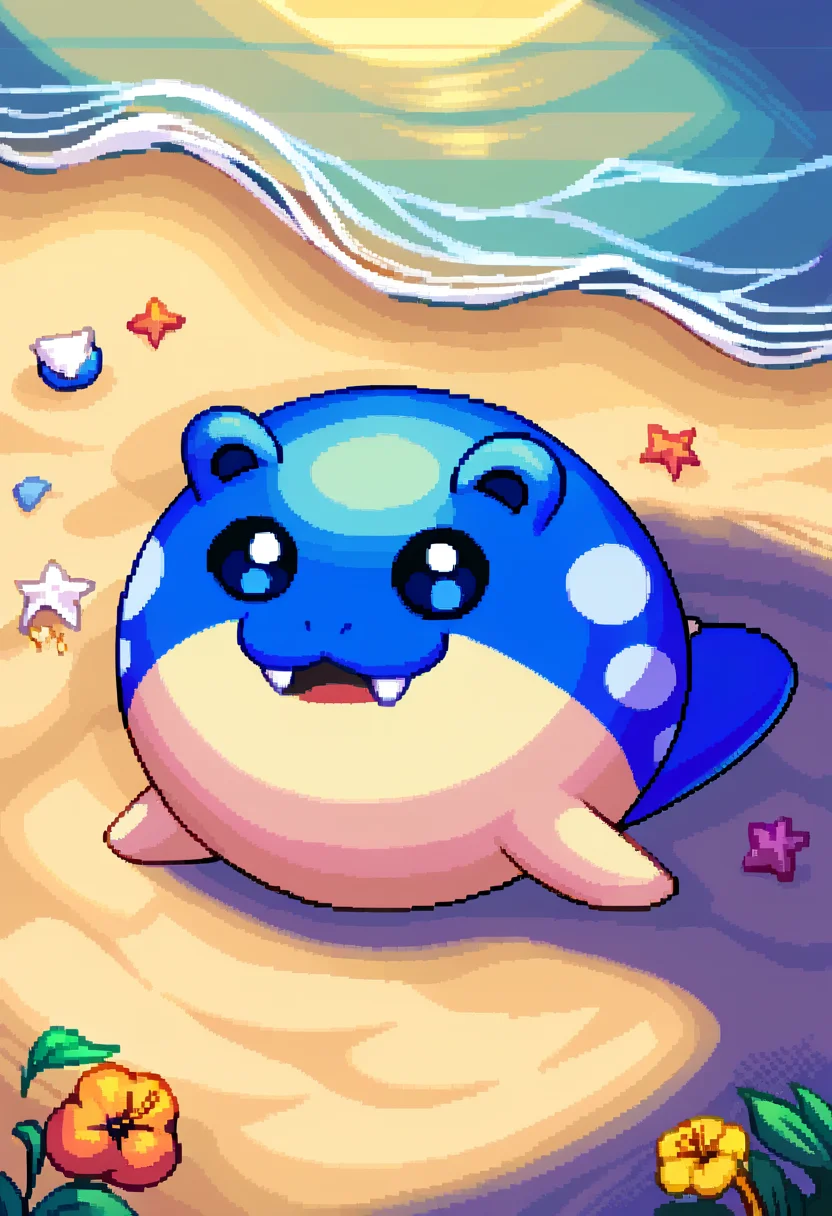 score_9, score_7_up, BREAK, solo, , looking at viewer, <lora:CPS2-pdxl_Fp:1>, , full body, pixel art, <lora:Spheal-pdxl_Fp:1>, sphealpk, pokemon \(creature\), fang, happy, beach, ocean, blue skin,