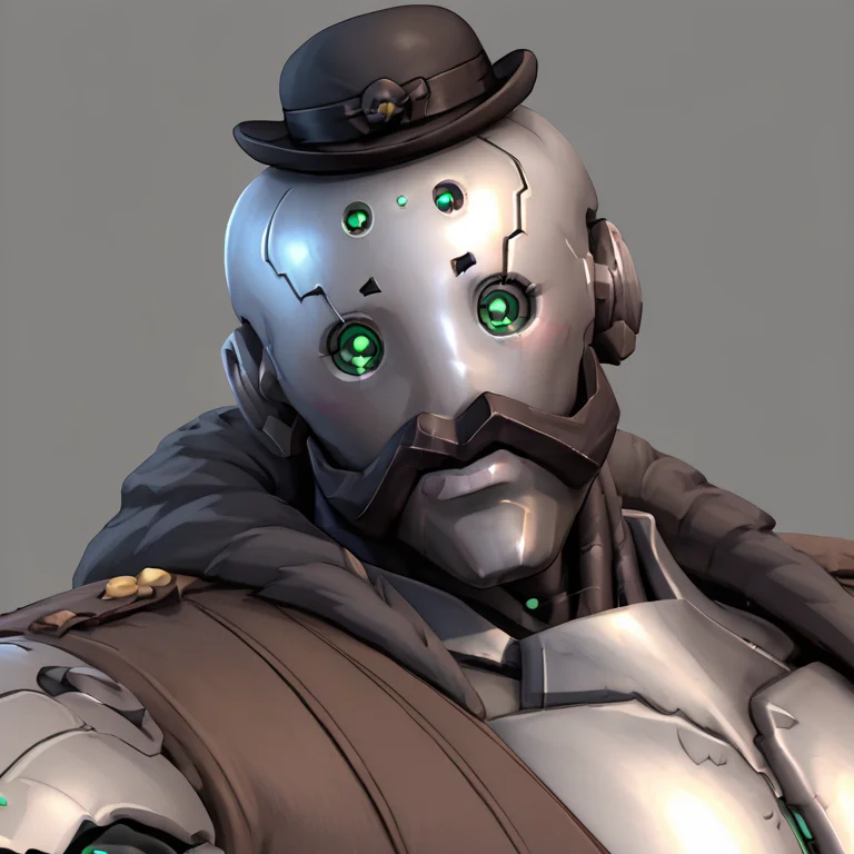 portrait of bob_ow man, robot, bowler hat, <lora:B.O.B._Overwatch:.8>