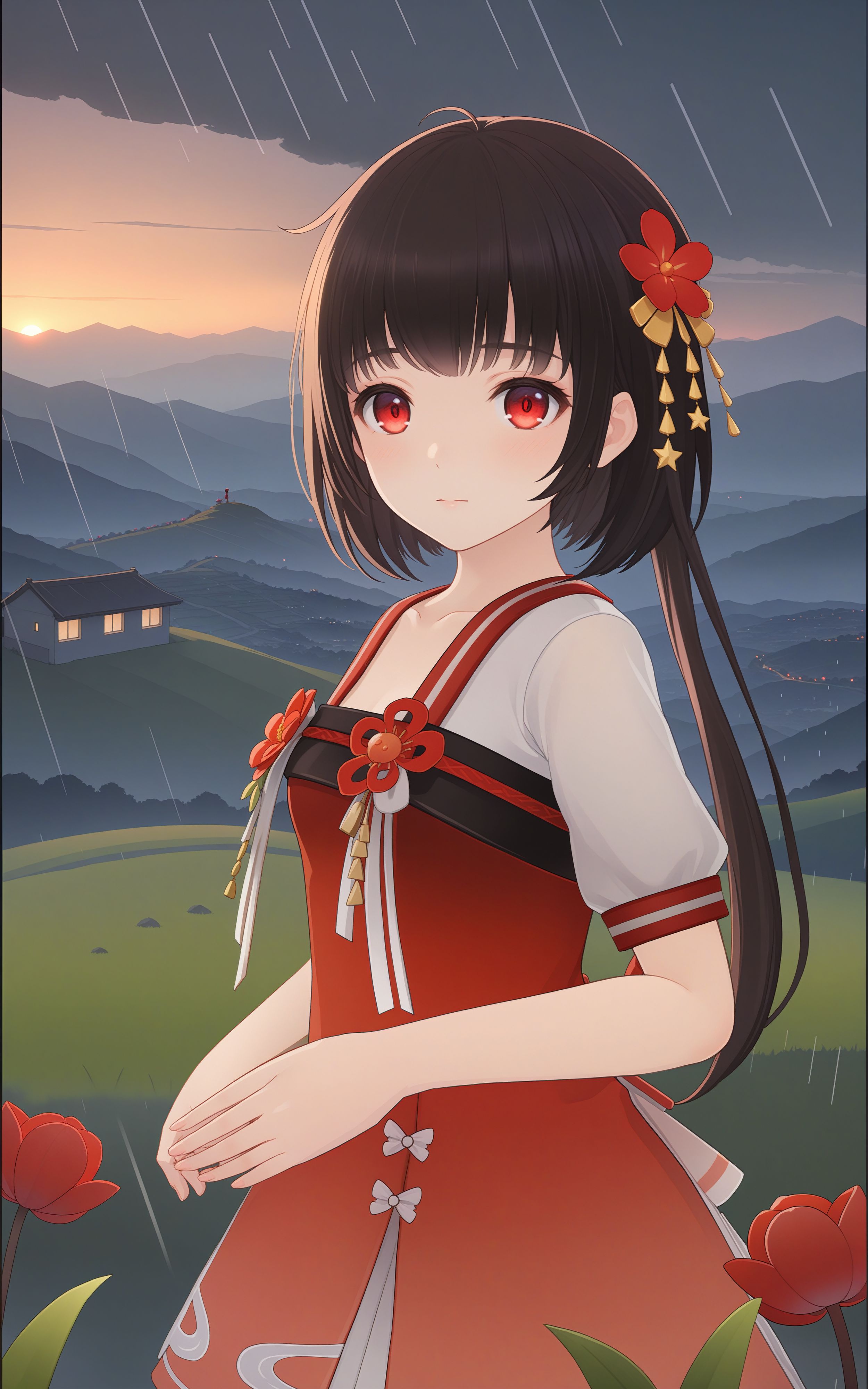 <lora:sdxl_base_yousa v1.1:0.5>, masterpiece, best quality, yousa, yousa_Origin, 1girl, solo, red eyes, DMB_hair, Origin_hair_ornament, (Origin_suits:1.2), looking at viewer, dusk,in spring, stars, in the rain, the top of the hill, beautiful flowers