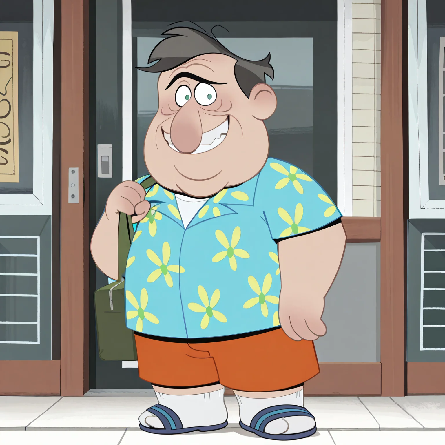 masterpiece, best quality, detailed, solo, todd-m, 1boy, male, mature male, older male, fat man, plump, fat, dark grey hair, big nose, unibrow, age lines, wrinkles, short, green eyes, happy, smile, tropical shirt, vacation wear, orange shorts, socks, sandals, blue sandals, looking at viewer, eye contact, white socks
