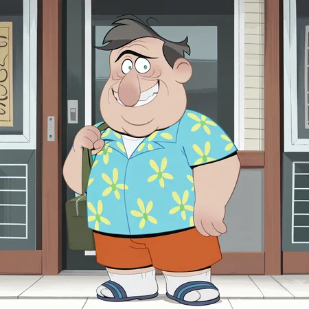 masterpiece, best quality, detailed, solo, todd-m, 1boy, male, mature male, older male, fat man, plump, fat, dark grey hair, big nose, unibrow, age lines, wrinkles, short, green eyes, happy, smile, tropical shirt, vacation wear, orange shorts, socks, sandals, blue sandals, looking at viewer, eye contact, white socks
