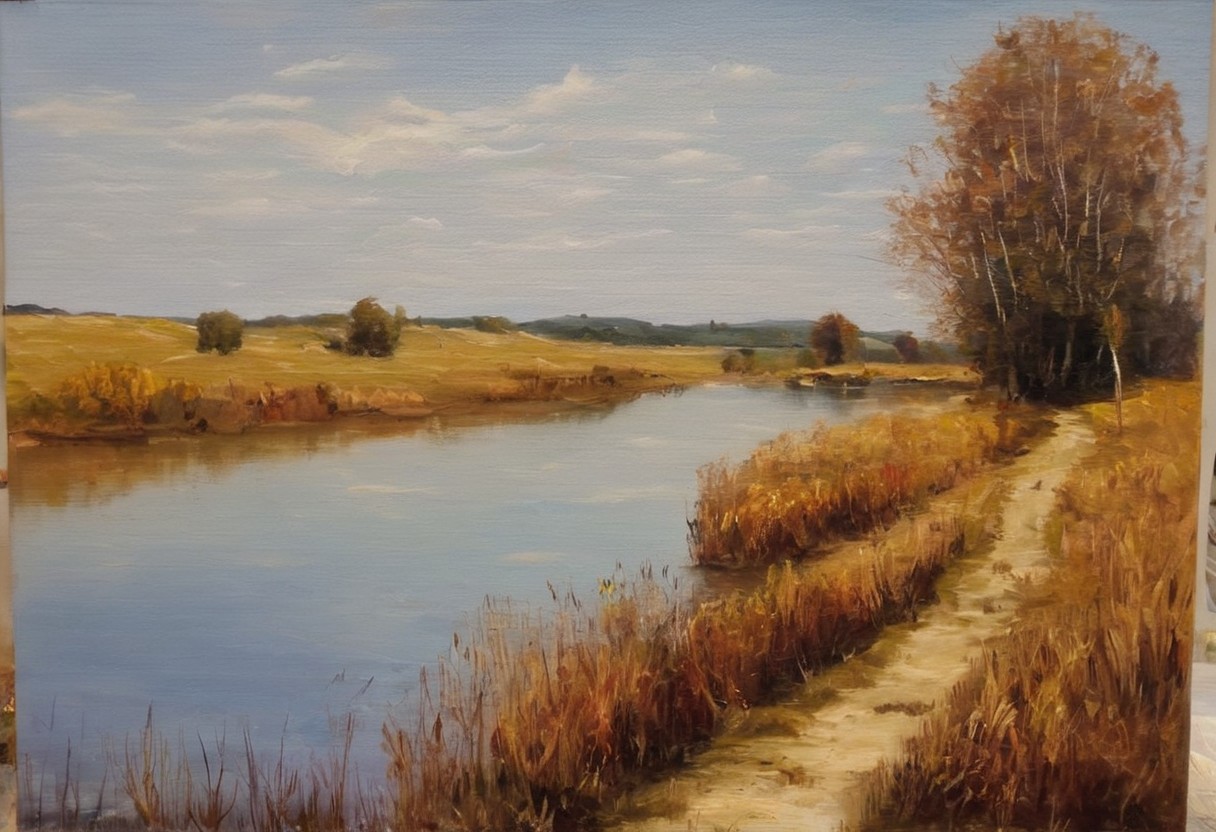 RM oil style, scenery, no humans, tree, outdoors, traditional media, reflection, sky, day, nature, grass, water, landscape