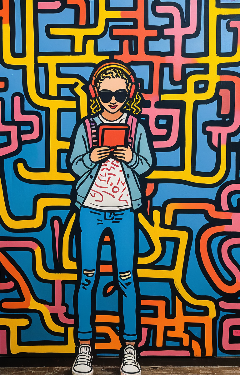 masterpiece,best quality,<lora:tbh164-sdxl:0.9>,illustration,style of Keith Haring, tech genius teenage girl