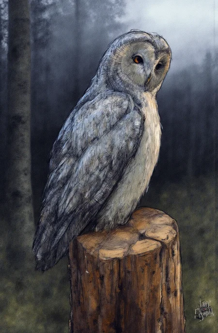 Sharp image of a rough sketch, rendered in vibrant multi colour ballpoint pen, capturing the adorable features of a portait of a Great Grey Owl perched on a tree stump in a forest. The owl is facing towards the right side of the image, with its head turned slightly to the left. Its body is covered in grey feathers, and its eyes are large and round. The background is blurred, but it appears to be a dense forest with tall trees and fog. The sky is dark and cloudy, and the overall mood of the photograph is eerie and mysterious. p3nsk, <lora:p3nsk:1>