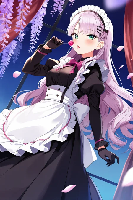 <lora:MargareteWien:0.8>, Margarete Wien, 1girl, solo, candy, black gloves, gloves, food, maid, looking at viewer, maid headdress, long sleeves, heart, hair ribbon, holding, bow, jewelry, lollipop, curtains, holding food, dress, puffy sleeves, apron, juliet sleeves, breasts, back bow, hairclip, petals, maid apron, from side, holding candy, black dress, backless outfit, frills, ribbon, wisteria, backless dress, blush, window, white apron, hand up