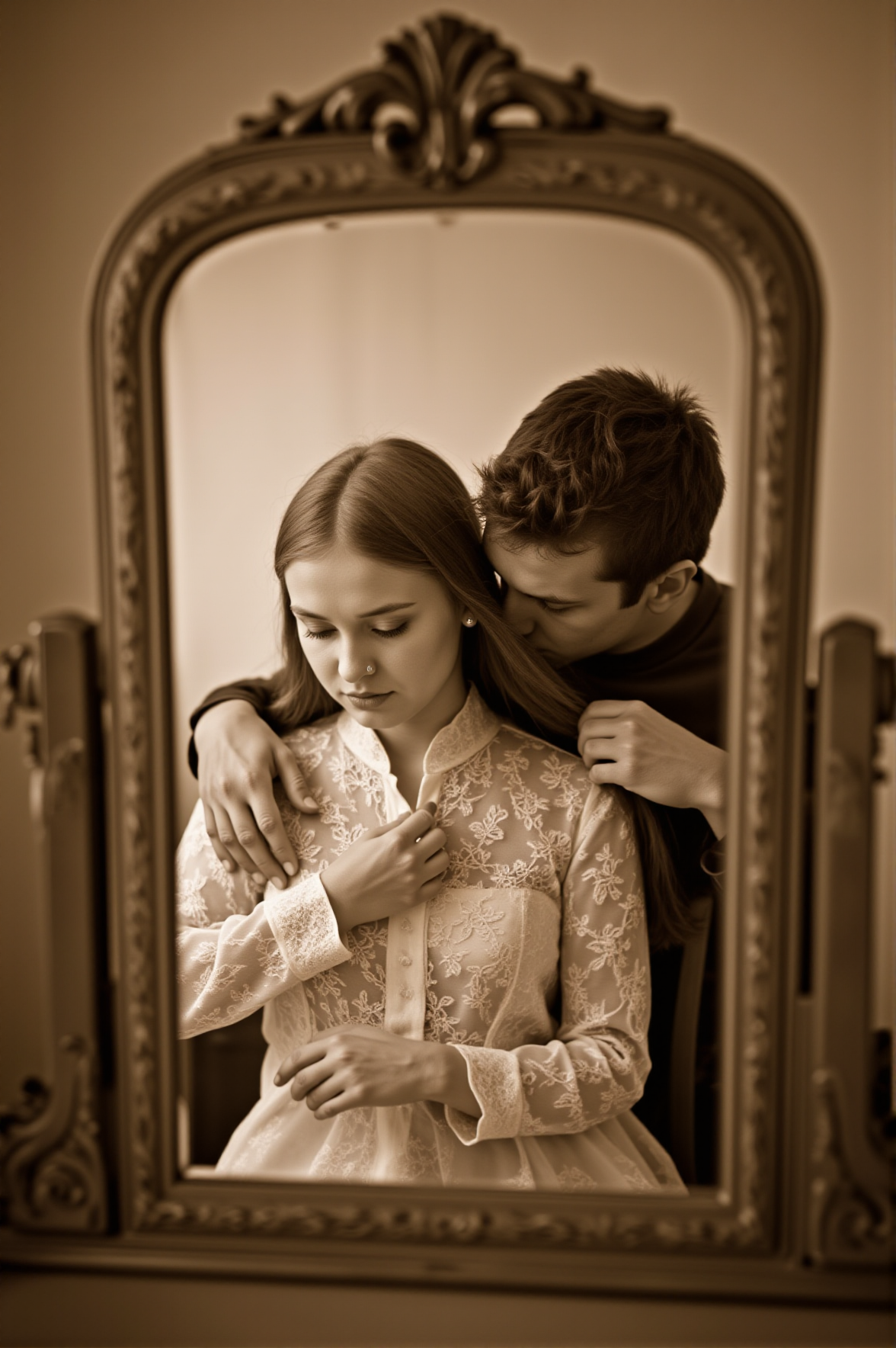 An ornate vanity mirror catches the image of a young woman sitting before it, buttoning the high collar of her lace blouse. Behind her, a man leans down, pressing a kiss to her hair. The reflection is slightly blurred, as if the moment is slipping into memory even as it happens. The sepia vignette wraps around them, making their love feel eternal.
<lora:sepia-vignette-flux:1>