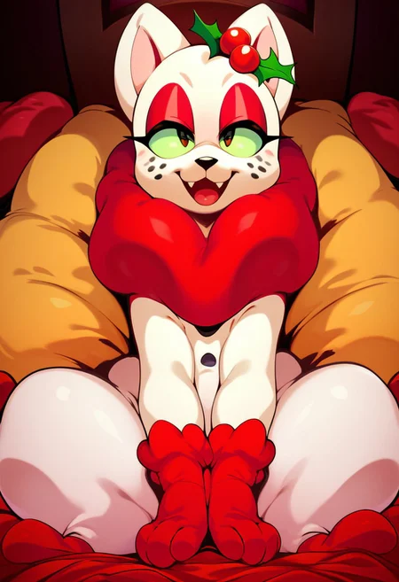 score_9, score_8_up, score_7_up, high detail, 4k, high resolution, by_Jun,
Solo, bedroom, sitting on bed,
junipurr, white fur, red socks, red eyelids, green sclera, cat, feline, holly on head,