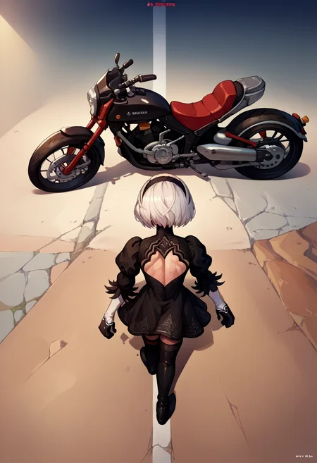 score_9, score_8_up, score_7_up, source_anime, akiraposter, logo, from above, from behind, solo, 1girl, 2b \(nier:automata\), nier \(series\), walking, hairband, black dress, gloves, thighhighs, ground vehicle, motorcycle <lora:concept_akiraposter_ponyXL:1>