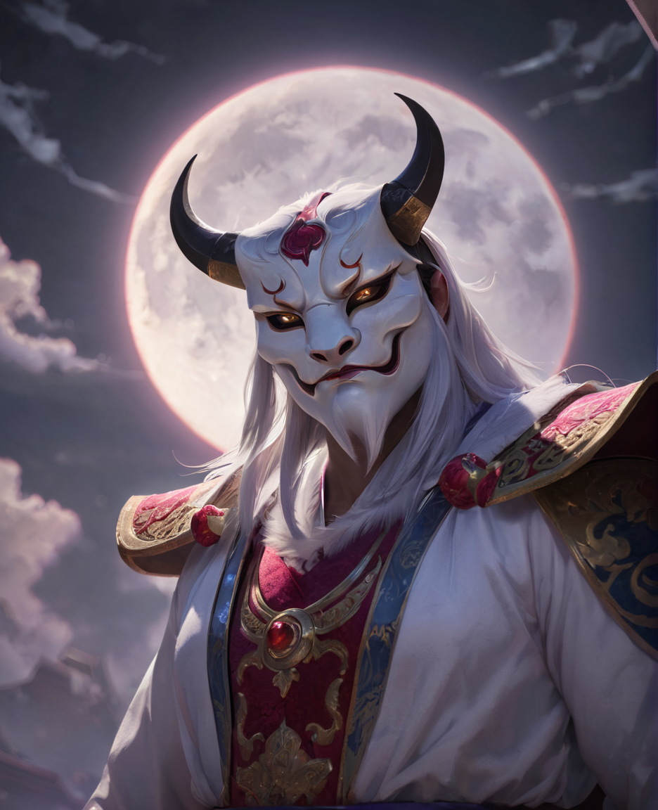 <lora:bloodmoonXL-step00000250:0.9>,bldmoon,bull,full moon,cinematic,oriental,mask.cloudy sky,ultra detailed,ray tracing,cloudy sky,octane render,intricate,cinematic,oriental,glowing features,masterpiece,hyper realistic reflections,50nm dof,bokeh,realistic,sharp focus,ultra detailed,8k,uhd,surging power,high resolution,trending on artstation and deviantart,featured,style of __fantasy-artist__ and Cui Zizhong
