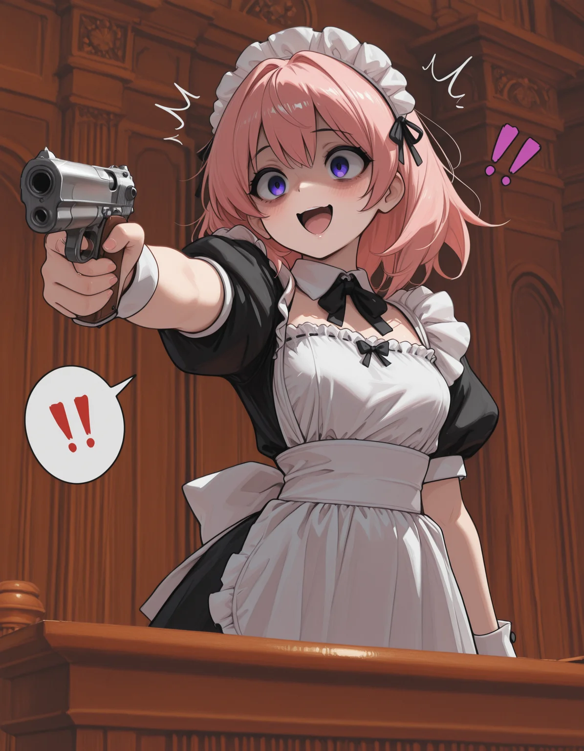 1girl, CivChan, courtroom, (pwobjection:1.2), speech bubble, !!,yandere, holding pistol, masterpiece, best quality, amazing detail, high definition, pink hair, maid outfit, masterpiece, best quality, amazing detail, high definition