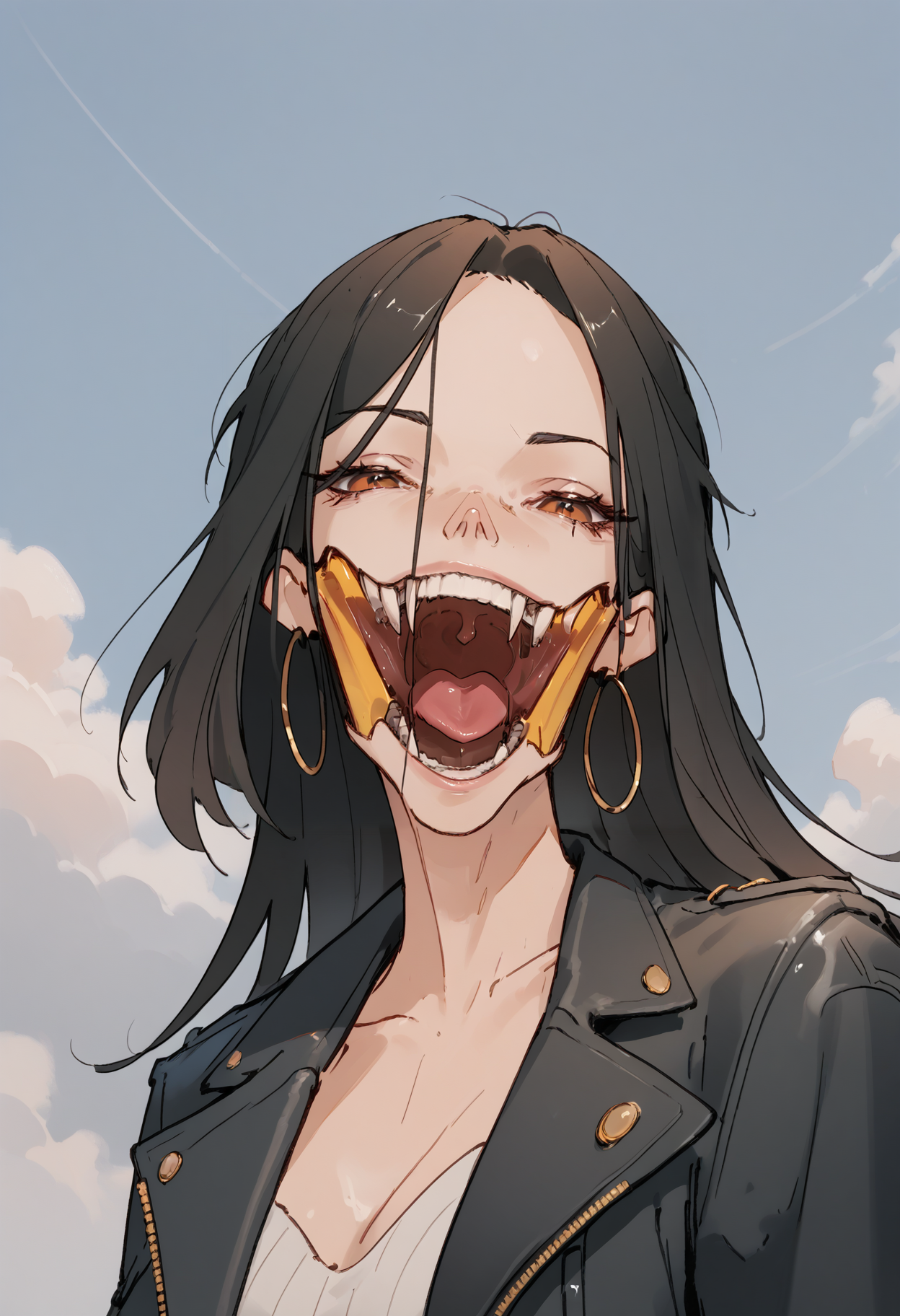 score_9, score_8_up, score_7_up score_9, score_8_up, score_7_up, score_6_up, score_5_up, score_4_up,
 <lora:BifurcatedJaw:1> (bifurcated jaw, open mouth), 
, 1girl, solo, long hair, looking at viewer, smile, black hair, jewelry, brown eyes, upper body, earrings, coat, lips, hoop earrings