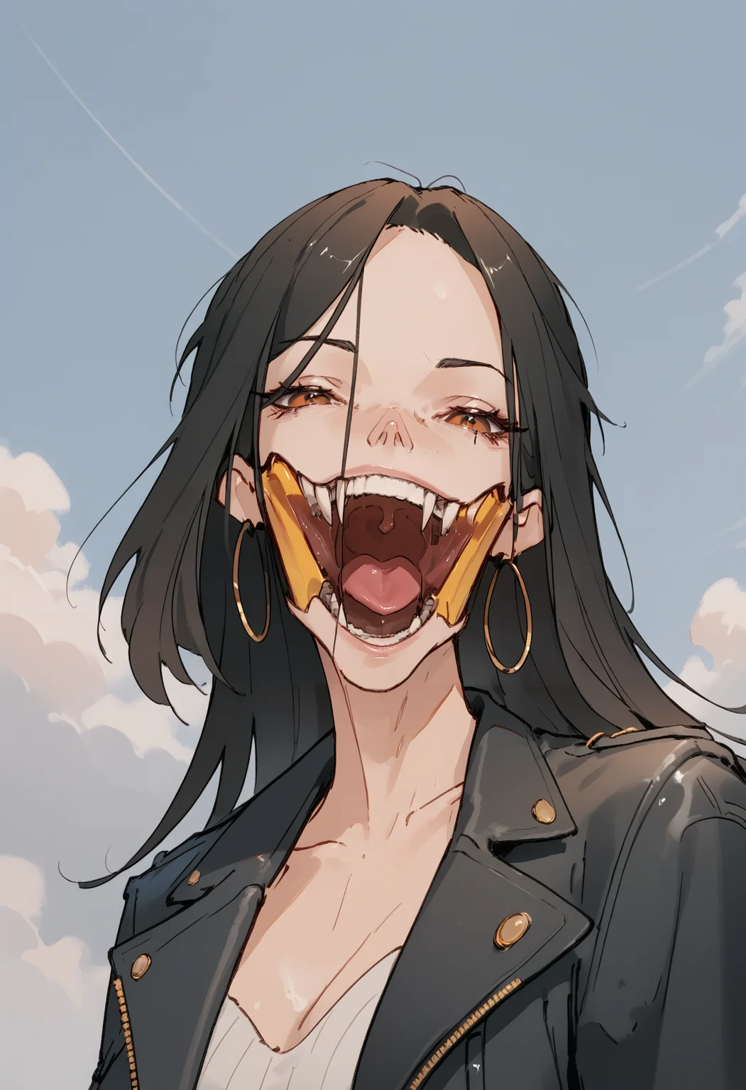 score_9, score_8_up, score_7_up score_9, score_8_up, score_7_up, score_6_up, score_5_up, score_4_up,
 <lora:BifurcatedJaw:1> (bifurcated jaw, open mouth), 
, 1girl, solo, long hair, looking at viewer, smile, black hair, jewelry, brown eyes, upper body, earrings, coat, lips, hoop earrings