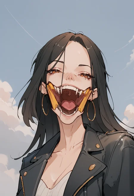 score_9, score_8_up, score_7_up score_9, score_8_up, score_7_up, score_6_up, score_5_up, score_4_up,
<lora:BifurcatedJaw:1> (bifurcated jaw, open mouth),
, 1girl, solo, long hair, looking at viewer, smile, black hair, jewelry, brown eyes, upper body, earrings, coat, lips, hoop earrings
